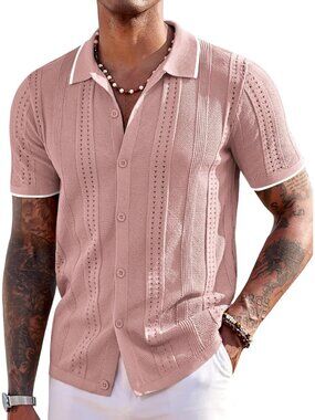 Men's Pink & White Knit Short Sleeve Button Down Polo Casual Summer Beach Shirt